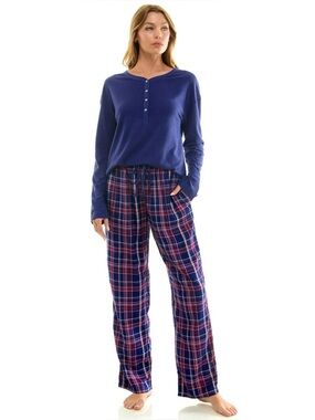 Croft & Barrow Henley Top & Rayon Pajama Bottom Set Dina Plaid Large NWT